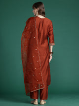 Women's Rust Embroidered Straight Kurta Trouser With Dupatta Set