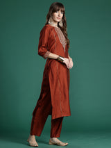 Women's Rust Embroidered Straight Kurta Trouser With Dupatta Set