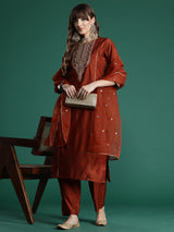 Women's Rust Embroidered Straight Kurta Trouser With Dupatta Set
