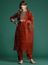 Women's Rust Embroidered Straight Kurta Trouser With Dupatta Set