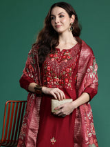 Women's Maroon Embroidered Straight Kurta Trouser With Dupatta Set