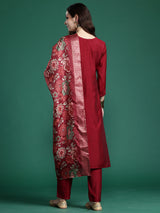 Women's Maroon Embroidered Straight Kurta Trouser With Dupatta Set