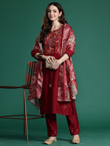 Women's Maroon Embroidered Straight Kurta Trouser With Dupatta Set