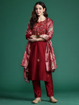 Women's Maroon Embroidered Straight Kurta Trouser With Dupatta Set
