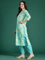 Women's Blue Printed Straight Kurta Trouser With Dupatta Set