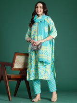 Women's Blue Printed Straight Kurta Trouser With Dupatta Set