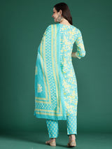 Women's Blue Printed Straight Kurta Trouser With Dupatta Set