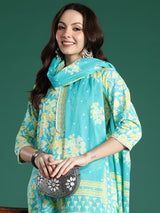Women's Blue Printed Straight Kurta Trouser With Dupatta Set