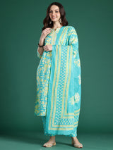 Women's Blue Printed Straight Kurta Trouser With Dupatta Set