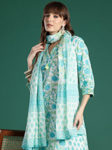 Women's White Printed Straight Kurta Salwar With Dupatta Set