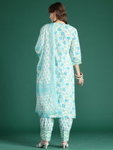 Women's White Printed Straight Kurta Salwar With Dupatta Set