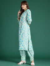 Women's White Printed Straight Kurta Salwar With Dupatta Set