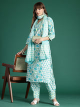 Women's White Printed Straight Kurta Salwar With Dupatta Set