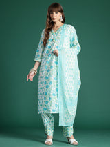 Women's White Printed Straight Kurta Salwar With Dupatta Set