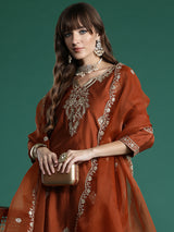 Women's Rust Embroidered Straight Kurta Trouser With Dupatta Set