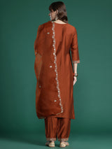 Women's Rust Embroidered Straight Kurta Trouser With Dupatta Set