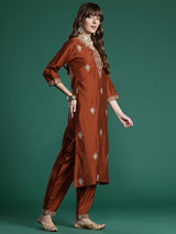Women's Rust Embroidered Straight Kurta Trouser With Dupatta Set