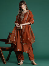 Women's Rust Embroidered Straight Kurta Trouser With Dupatta Set