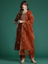 Women's Rust Embroidered Straight Kurta Trouser With Dupatta Set
