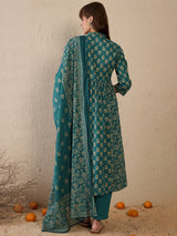 Women's Teal Printed A-Line Kurta Trouser With Dupatta set