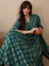 Women's Teal Printed A-Line Kurta Trouser With Dupatta set