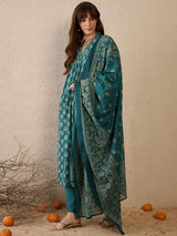 Women's Teal Printed A-Line Kurta Trouser With Dupatta set