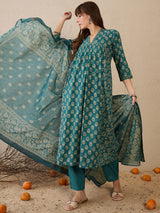 Women's Teal Printed A-Line Kurta Trouser With Dupatta set