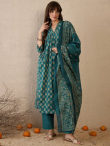 Women's Teal Printed A-Line Kurta Trouser With Dupatta set