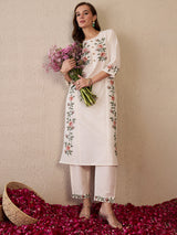 Women's White Embroidered Straight Kurta Trousers  Set