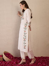 Women's White Embroidered Straight Kurta Trousers  Set