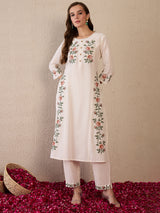 Women's White Embroidered Straight Kurta Trousers  Set