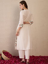 Women's White Embroidered Straight Kurta Trousers  Set