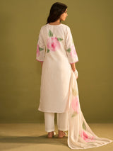 Women's Off White Printed Straight Kurta Trousers With Dupatta Set