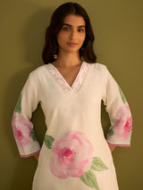 Women's Off White Printed Straight Kurta Trousers With Dupatta Set