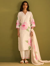 Women's Off White Printed Straight Kurta Trousers With Dupatta Set