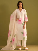 Women's Off White Printed Straight Kurta Trousers With Dupatta Set
