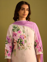 Women's Off White Printed Straight Kurta Trousers With Dupatta Set