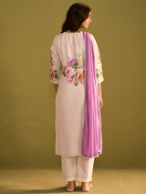 Women's Off White Printed Straight Kurta Trousers With Dupatta Set