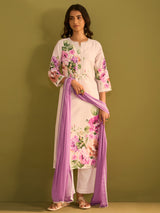 Women's Off White Printed Straight Kurta Trousers With Dupatta Set
