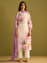 Women's Off White Printed Straight Kurta Trousers With Dupatta Set