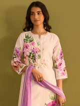 Women's Off White Printed Straight Kurta Trousers With Dupatta Set