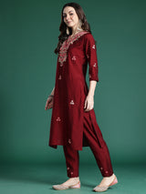 Women's Maroon Embroidered Straight Kurta Trouser With Dupatta Set
