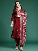 Women's Maroon Embroidered Straight Kurta Trouser With Dupatta Set