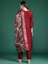 Women's Maroon Embroidered Straight Kurta Trouser With Dupatta Set