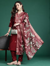 Women's Maroon Embroidered Straight Kurta Trouser With Dupatta Set