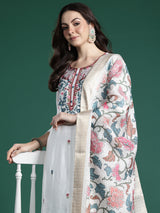 Women's White Embroidered Straight Kurta Trouser With Dupatta Set