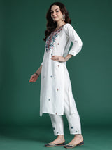 Women's White Embroidered Straight Kurta Trouser With Dupatta Set