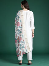 Women's White Embroidered Straight Kurta Trouser With Dupatta Set