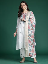 Women's White Embroidered Straight Kurta Trouser With Dupatta Set