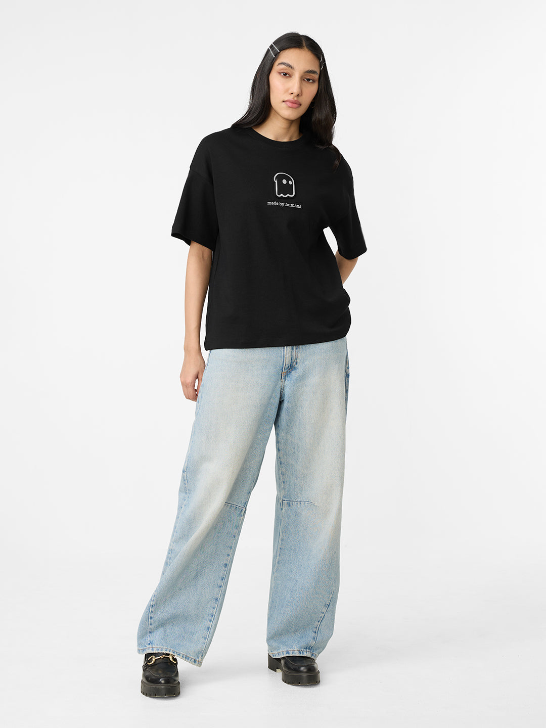 Women's Black Casual Oversized Fit Printed Half Sleeves Tshirt